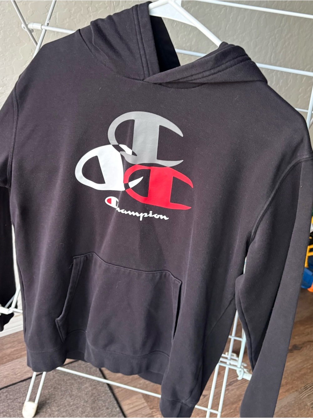 Champion Black Hoodie with Red & Gray Logo